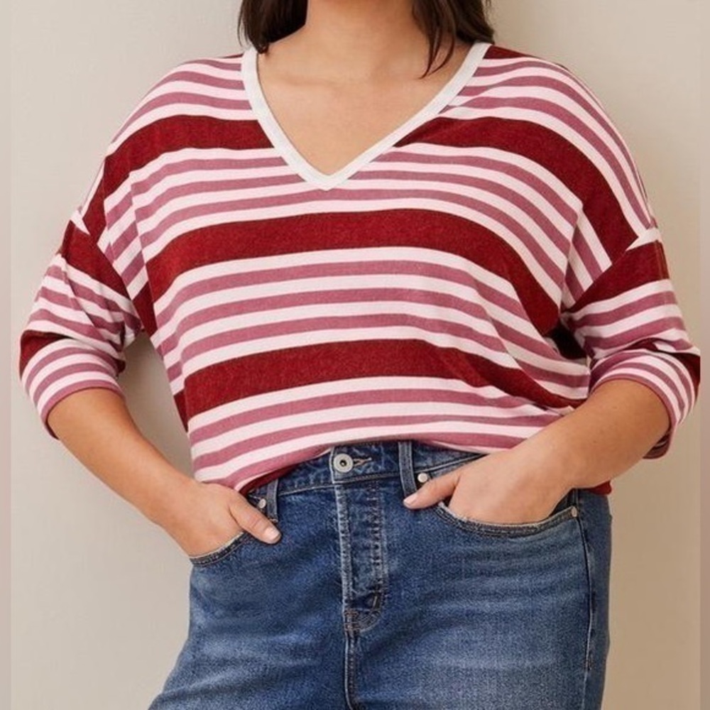 🆕 NWT Torrid 2 Red Pink White Plus Super Soft 3/4 Sleeve Striped Top 18 20 XXL
